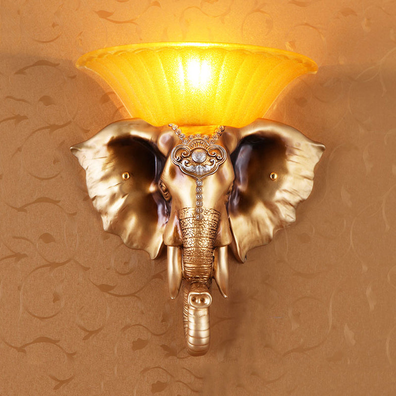 Embossed Elephant Resin Sconce Light: White/Golden Finish - Asian Wall Lighting Fixture