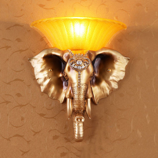 Embossed Elephant Resin Sconce Light: White/Golden Finish - Asian Wall Lighting Fixture