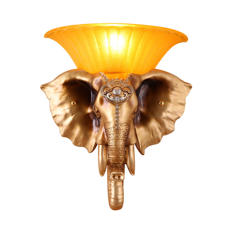 Embossed Elephant Resin Sconce Light: White/Golden Finish - Asian Wall Lighting Fixture