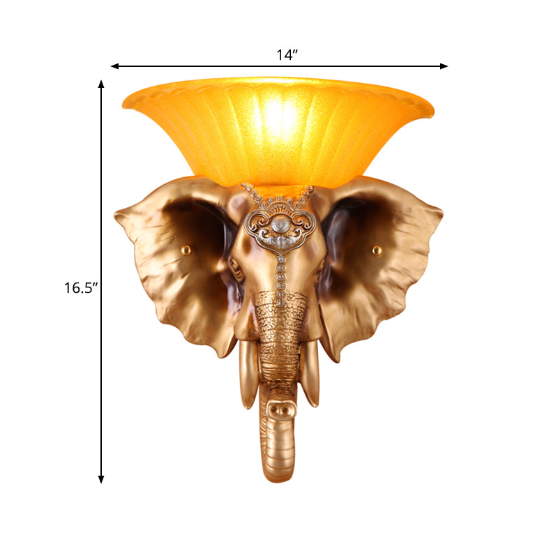 Embossed Elephant Resin Sconce Light: White/Golden Finish - Asian Wall Lighting Fixture