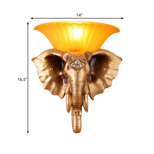 Embossed Elephant Resin Sconce Light: White/Golden Finish - Asian Wall Lighting Fixture