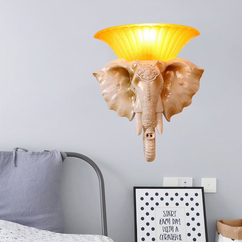 Embossed Elephant Resin Sconce Light: White/Golden Finish - Asian Wall Lighting Fixture