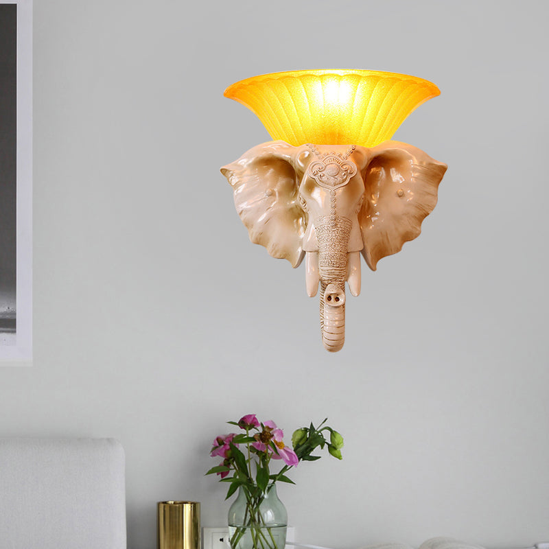 Embossed Elephant Resin Sconce Light: White/Golden Finish - Asian Wall Lighting Fixture