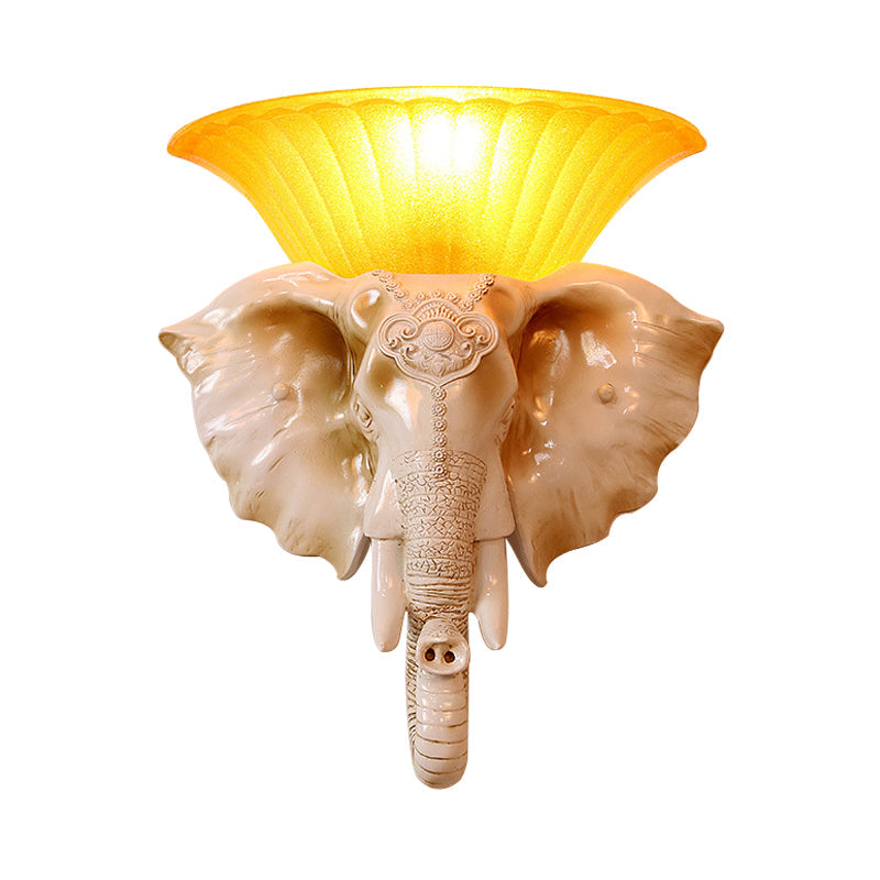 Embossed Elephant Resin Sconce Light: White/Golden Finish - Asian Wall Lighting Fixture