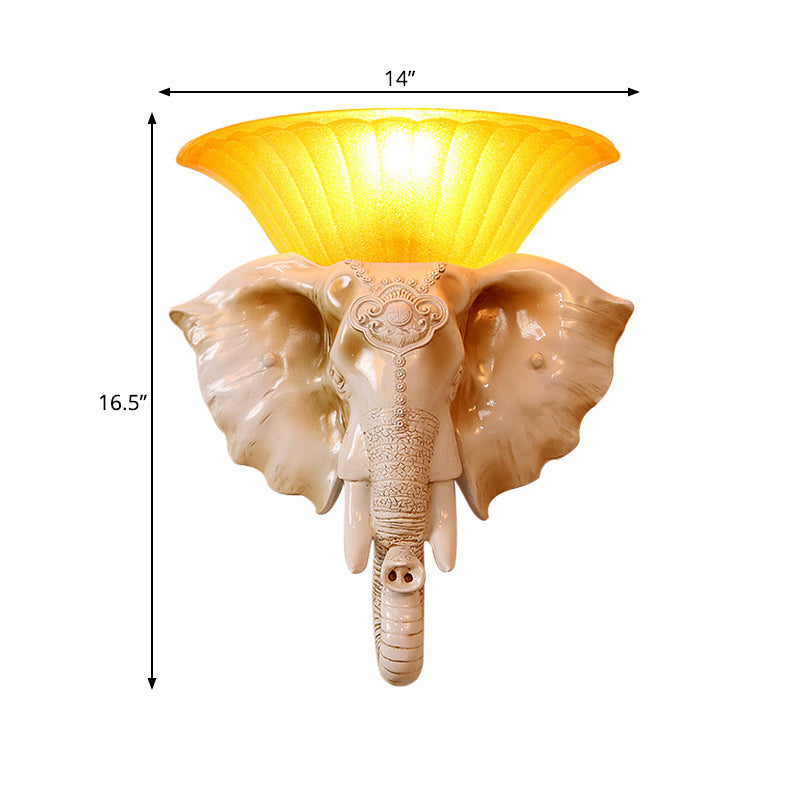 Embossed Elephant Resin Sconce Light: White/Golden Finish - Asian Wall Lighting Fixture