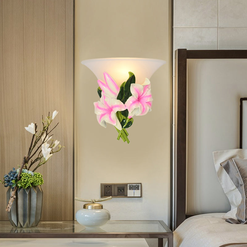 Modern Pink Floral Wall Sconce: Exquisite Resin Lamp With Flush Mount