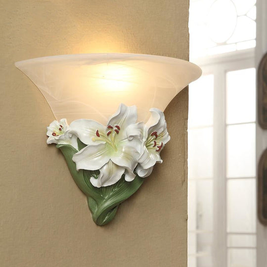 Contemporary White/Pink Lily Resin Wall Light With Frosted Glass Shade