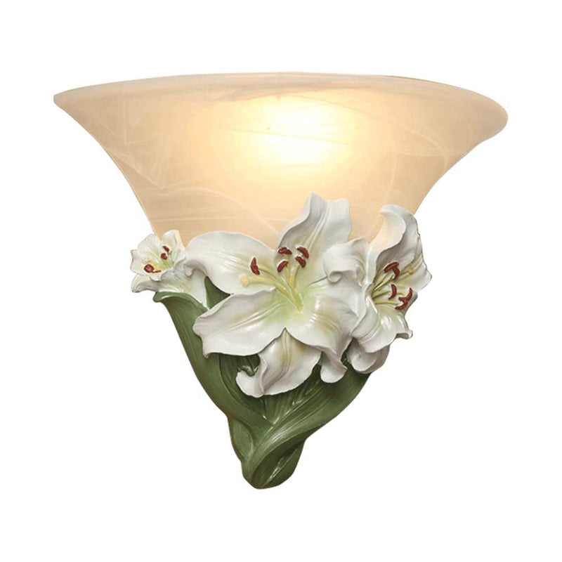 Contemporary White/Pink Lily Resin Wall Light With Frosted Glass Shade