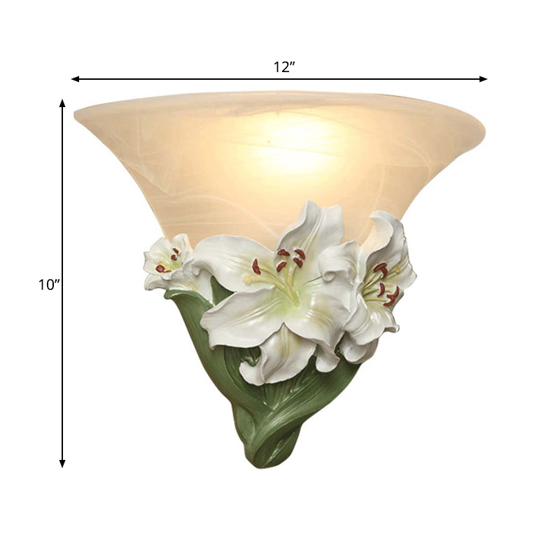 Contemporary White/Pink Lily Resin Wall Light With Frosted Glass Shade