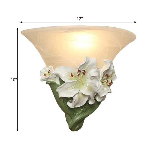 Contemporary White/Pink Lily Resin Wall Light With Frosted Glass Shade