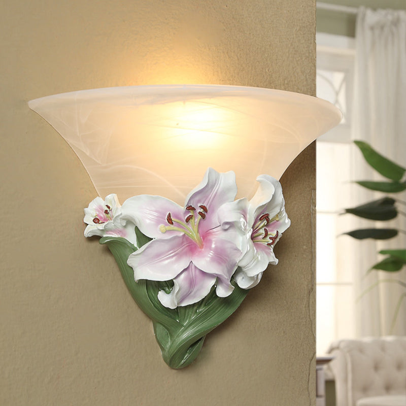 Contemporary White/Pink Lily Resin Wall Light With Frosted Glass Shade Pink