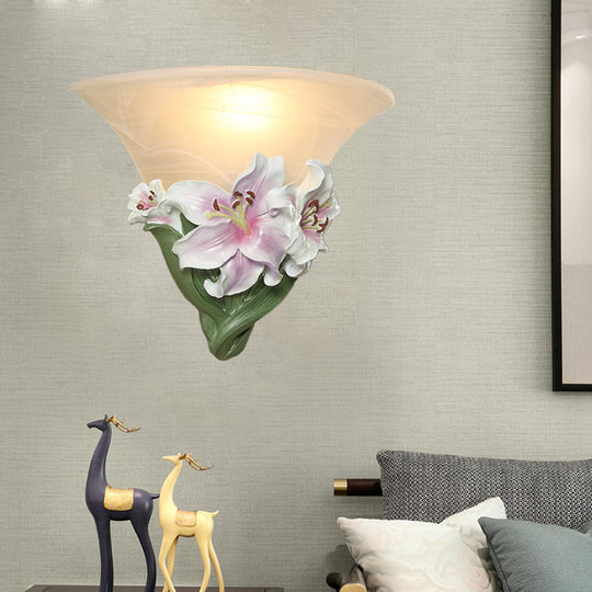 Contemporary White/Pink Lily Resin Wall Light With Frosted Glass Shade