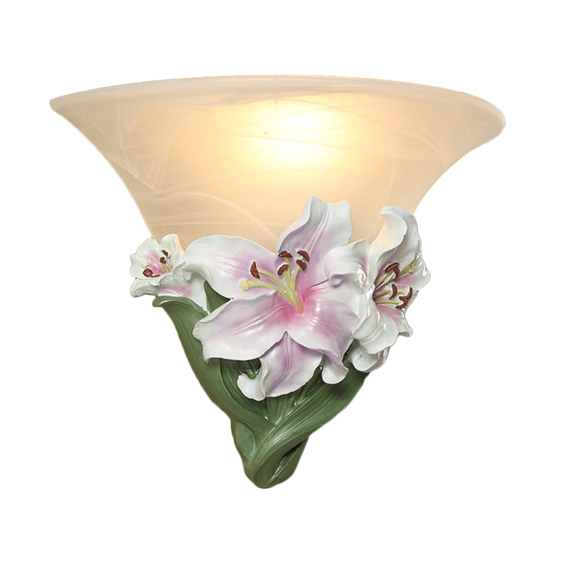 Contemporary White/Pink Lily Resin Wall Light With Frosted Glass Shade