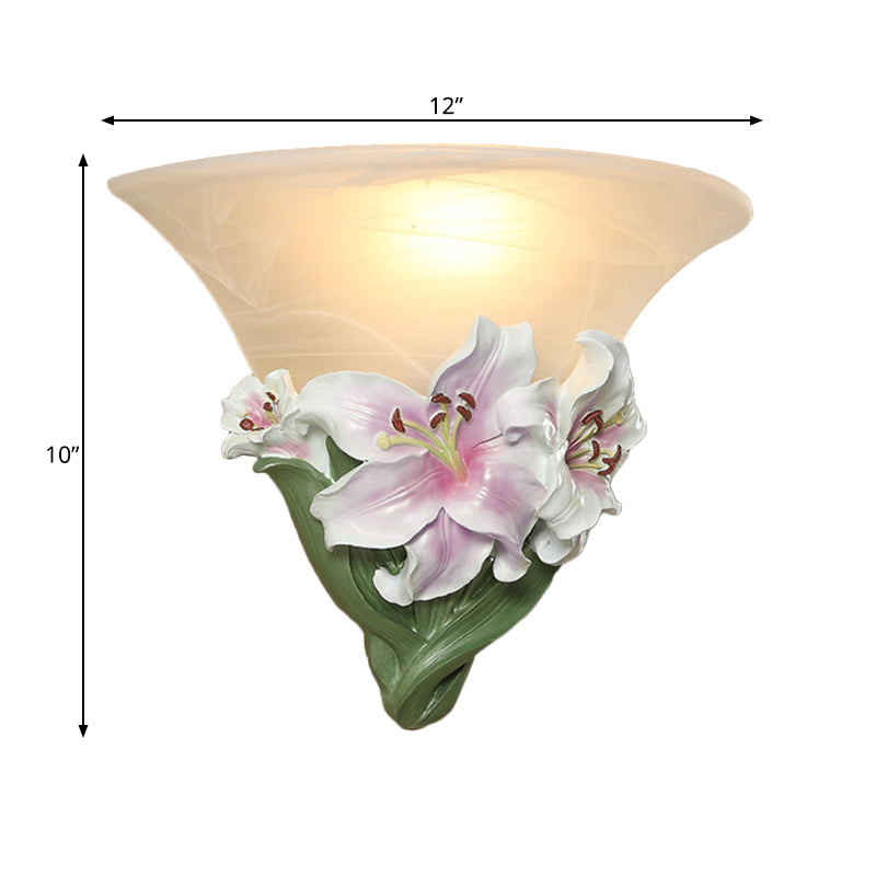 Contemporary White/Pink Lily Resin Wall Light With Frosted Glass Shade