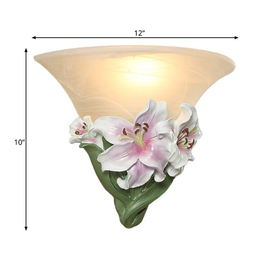 Contemporary White/Pink Lily Resin Wall Light With Frosted Glass Shade