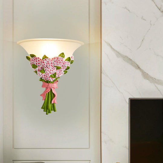 Frosted Glass Sconce Light - Modern White Wall Lamp With Gypsophila Bouquet Element Pink