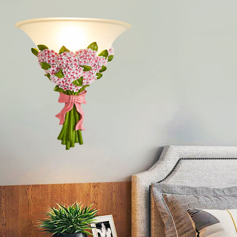 Frosted Glass Sconce Light - Modern White Wall Lamp With Gypsophila Bouquet Element