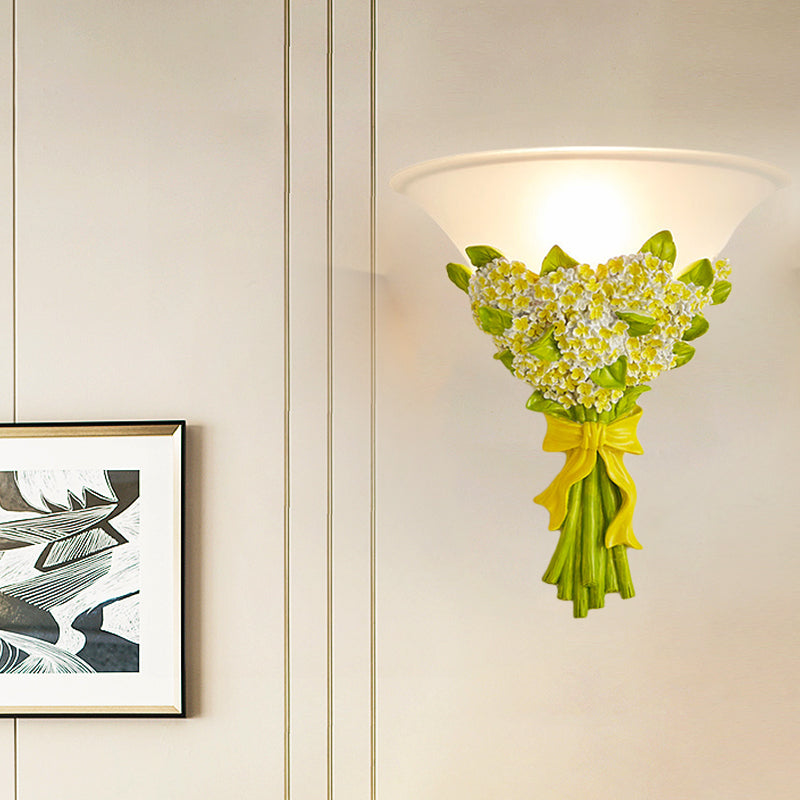 Frosted Glass Sconce Light - Modern White Wall Lamp With Gypsophila Bouquet Element Yellow