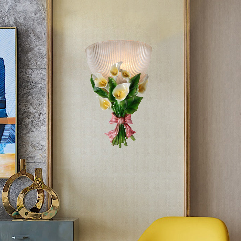 Dome Shaped Modern Wall Lamp With Ribbed Glass White Sconce Lighting And Green Bouquet Detail