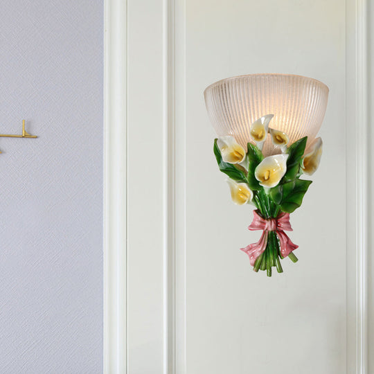 Dome Shaped Modern Wall Lamp With Ribbed Glass White Sconce Lighting And Green Bouquet Detail