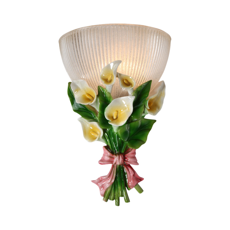 Dome Shaped Modern Wall Lamp With Ribbed Glass White Sconce Lighting And Green Bouquet Detail