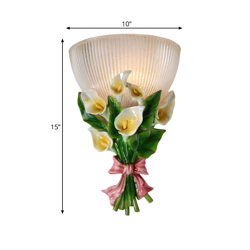 Dome Shaped Modern Wall Lamp With Ribbed Glass White Sconce Lighting And Green Bouquet Detail