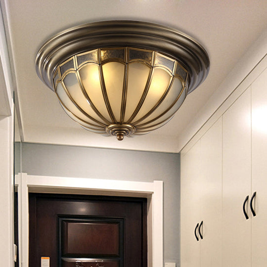 Antique Brass Ceiling Light: Frosted Glass Bowl, 4 Bulb Flush Mount Lamp for Colonial Bedroom