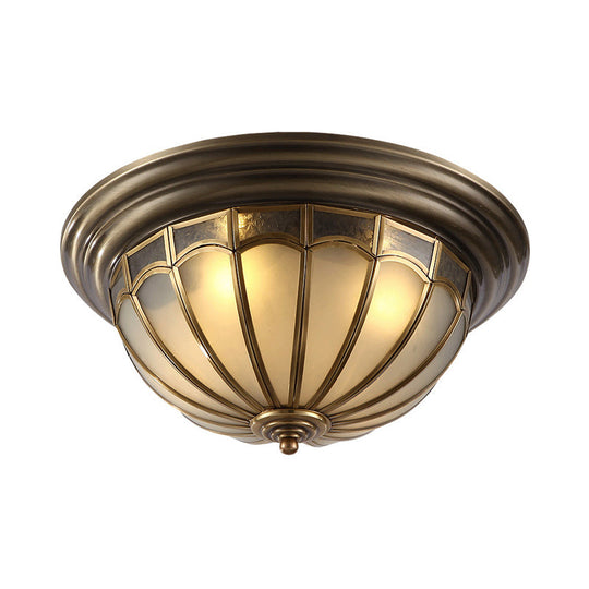 Antique Brass Ceiling Light: Frosted Glass Bowl, 4 Bulb Flush Mount Lamp for Colonial Bedroom