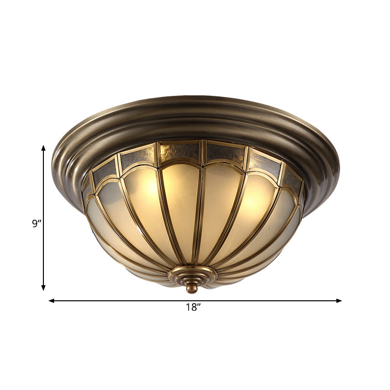 Antique Brass Ceiling Light: Frosted Glass Bowl, 4 Bulb Flush Mount Lamp for Colonial Bedroom