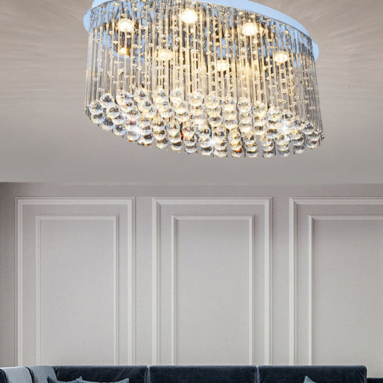 Modern Nickel Oval Flush Mount Crystal Ceiling Light - 6 Heads - Dining Room