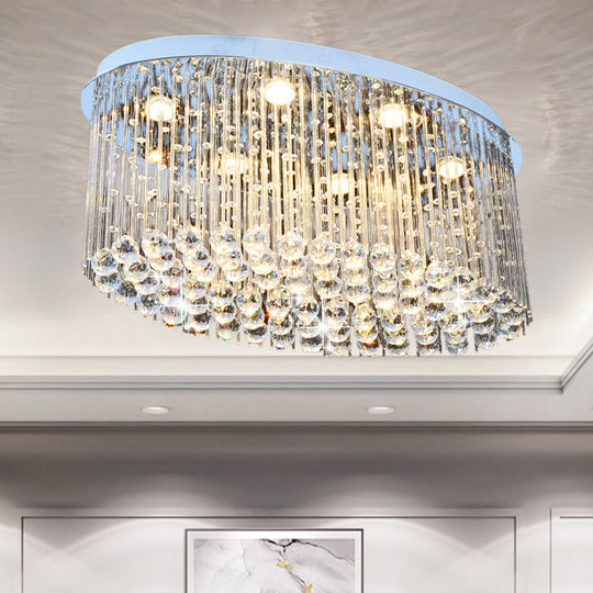 Modern Nickel Oval Flush Mount Crystal Ceiling Light - 6 Heads - Dining Room