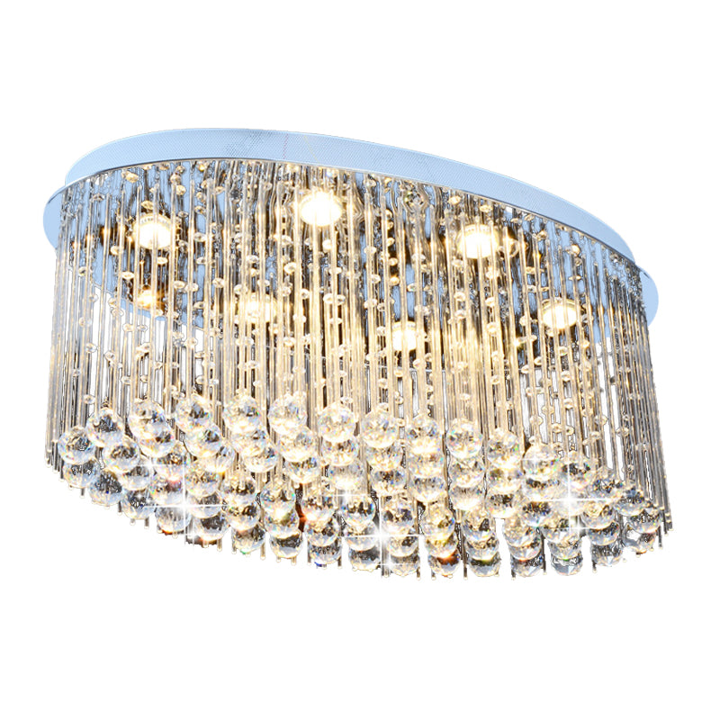 Modern Nickel Oval Flush Mount Crystal Ceiling Light - 6 Heads - Dining Room