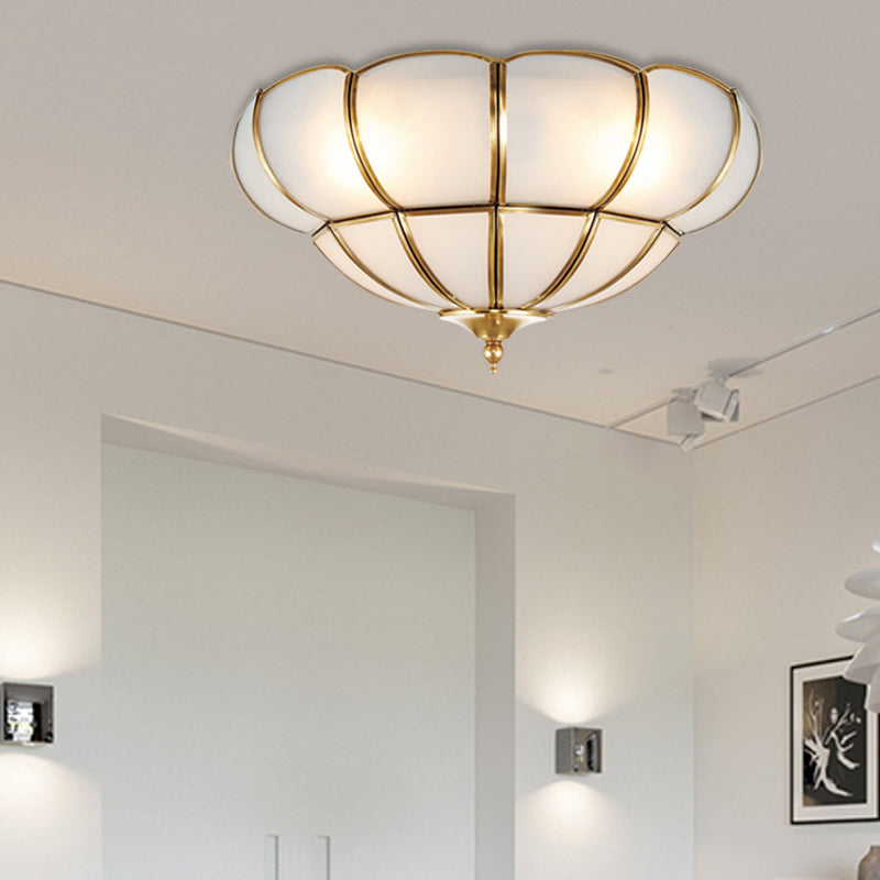 Colonialism Scallop Ceiling Light - 11"/18" W - 3 Bulbs - Satin Opal Glass - Brass Finish