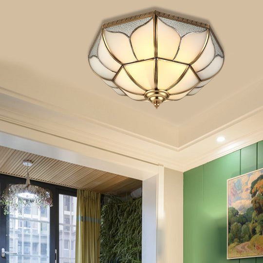 Colonial Brass Ceiling Light with 4 Bulbs, Mouth Blown Opal Glass - Flush Fixture for Living Room