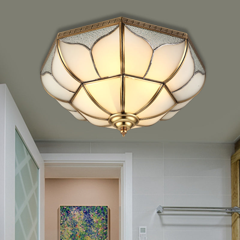 Colonial Brass Ceiling Light with 4 Bulbs, Mouth Blown Opal Glass - Flush Fixture for Living Room