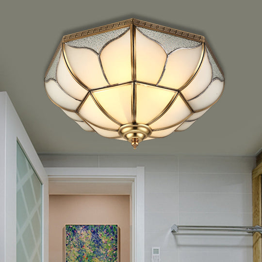 Colonial Brass Ceiling Light With 4 Bulbs Mouth Blown Opal Glass - Flush Fixture For Living Room