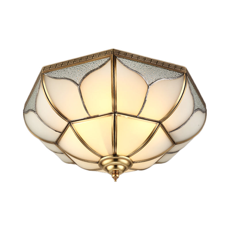 Colonial Brass Ceiling Light with 4 Bulbs, Mouth Blown Opal Glass - Flush Fixture for Living Room