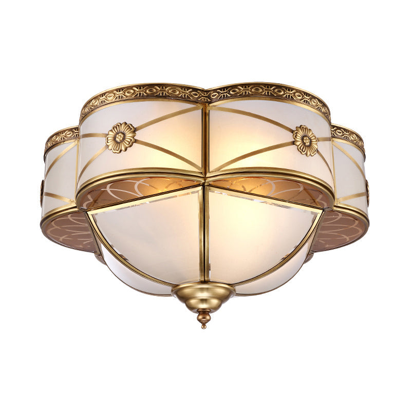 Colonial Brass Flush Mount Lamp with Sandblasted Glass Scalloped Ceiling Light for Living Room