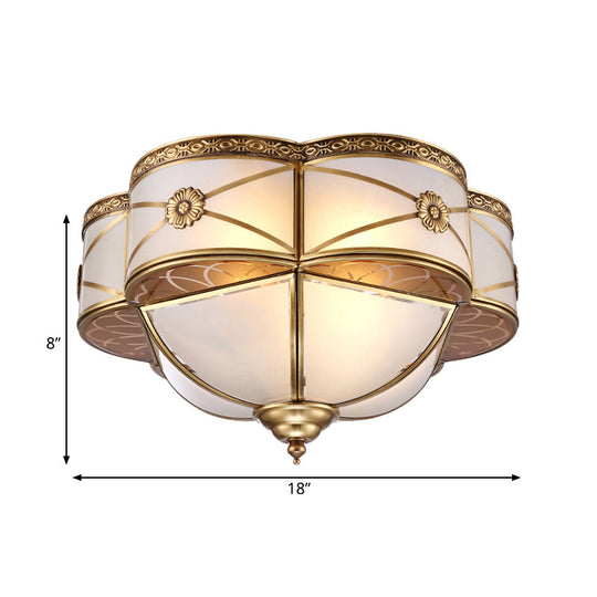 Colonial Brass Flush Mount Lamp with Sandblasted Glass Scalloped Ceiling Light for Living Room