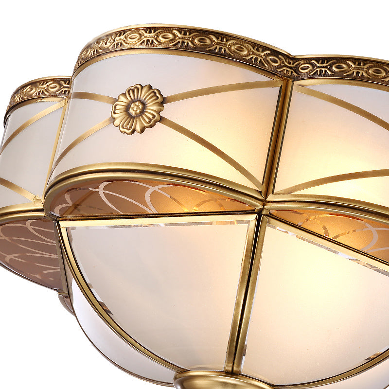 Colonial Brass Flush Mount Lamp with Sandblasted Glass Scalloped Ceiling Light for Living Room