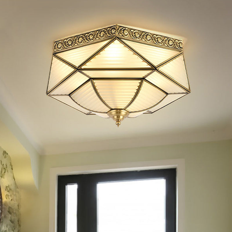 Brass Colonial Beveled Flush Mount Ceiling Light with Opaline Glass - Ideal for Bedroom - 4 Bulbs