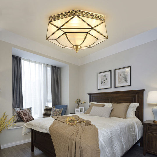 Brass Colonial Beveled Flush Mount Ceiling Light with Opaline Glass - Ideal for Bedroom - 4 Bulbs