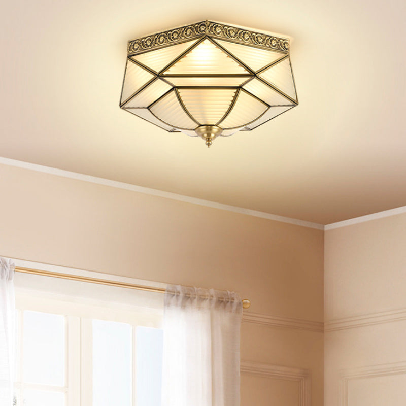 Brass Colonial Beveled Flush Mount Ceiling Light with Opaline Glass - Ideal for Bedroom - 4 Bulbs