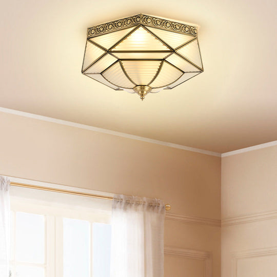 Brass Colonial Beveled Flush Mount Ceiling Light With Opaline Glass - Ideal For Bedroom 4 Bulbs