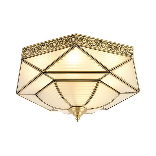 Brass Colonial Beveled Flush Mount Ceiling Light with Opaline Glass - Ideal for Bedroom - 4 Bulbs