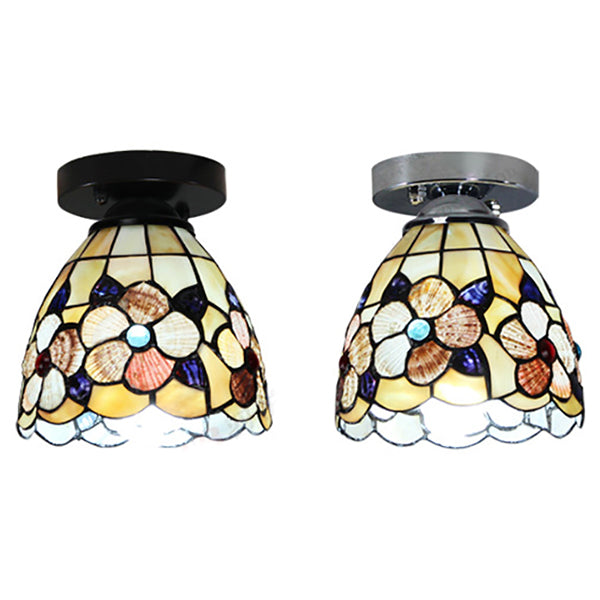 Stained Glass Flower Pattern Ceiling Light - Tiffany Style Flush Mount with 1 Bulb - Black/Chrome Finish