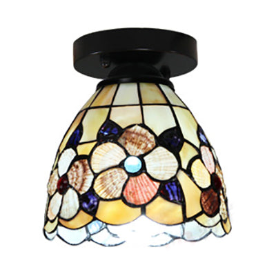 Stained Glass Flower Pattern Ceiling Light - Tiffany Style Flush Mount with 1 Bulb - Black/Chrome Finish