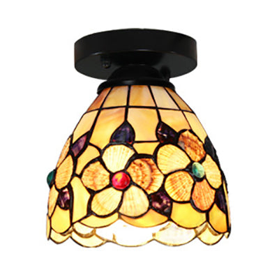 Stained Glass Flower Pattern Ceiling Light - Tiffany Style Flush Mount with 1 Bulb - Black/Chrome Finish