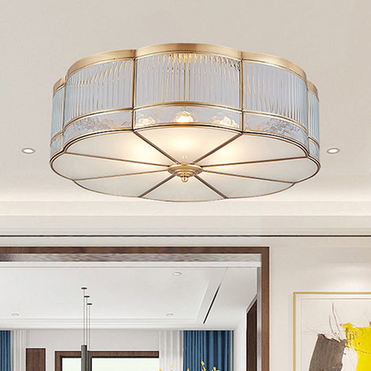 Ribbed Glass Gold Ceiling Flush Mount Lamp - Clover Design With 3/4 Heads Available In 14 Or 18