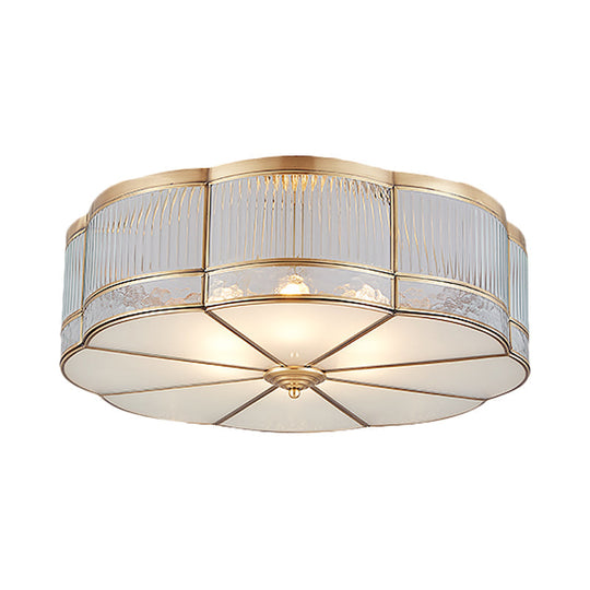 Ribbed Glass Gold Ceiling Flush Mount Lamp - Clover Design With 3/4 Heads Available In 14 Or 18